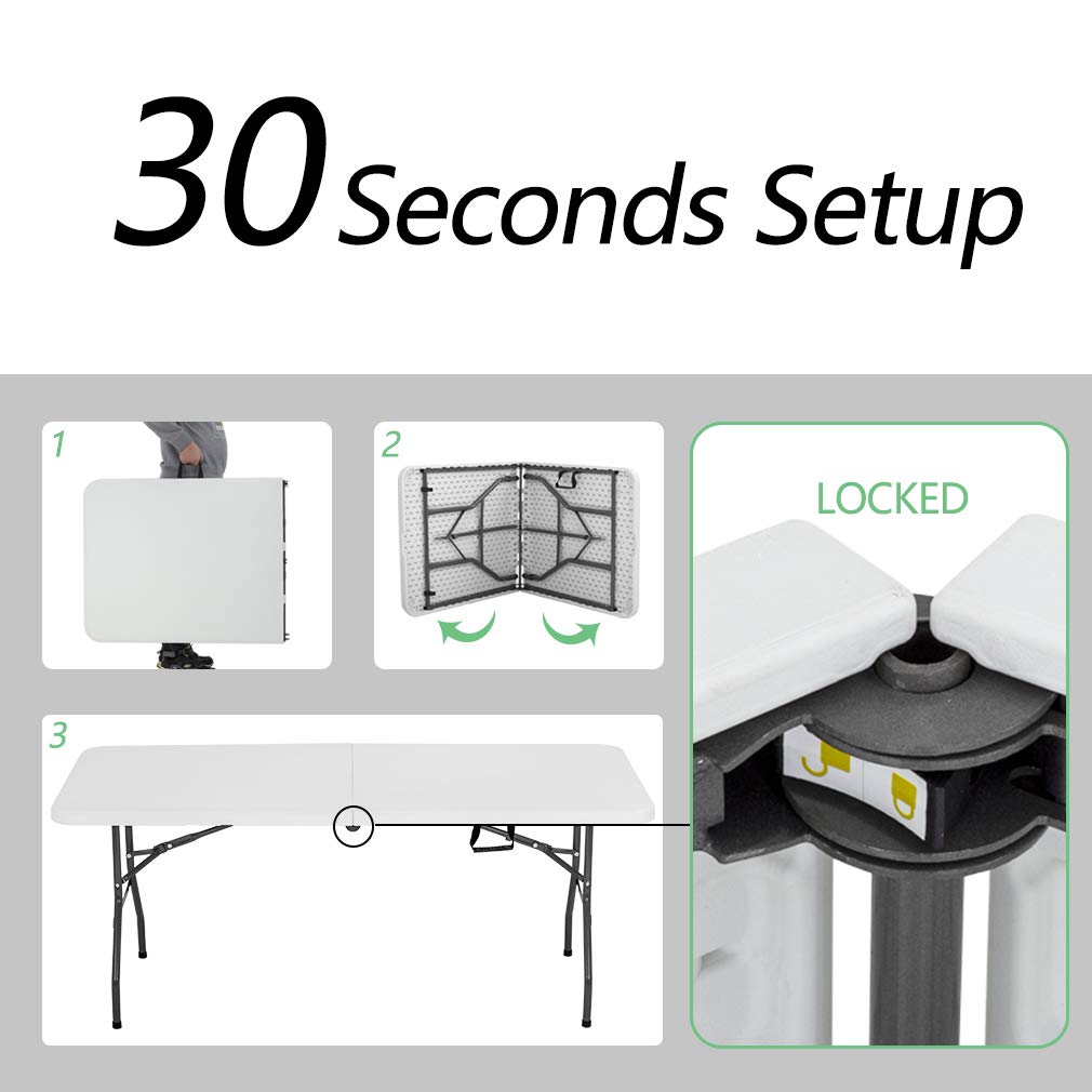 6FT Picnic Table Folding Table Camping Table Plastic Table Fold Up Table Lock for Party Event,White