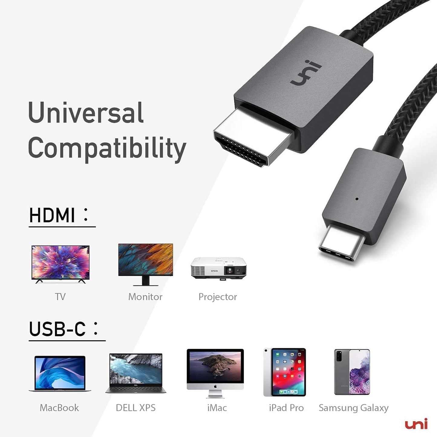 uni USB C to HDMI Cable, [4K, High-Speed] USB Type-C to HDMI for Home Office, [Thunderbolt 3/4 Compatible] for iPhone 16 15, MacBook Pro/Air, iPad Pro/Air, iMac, S23, XPS 17 etc.-1.8m