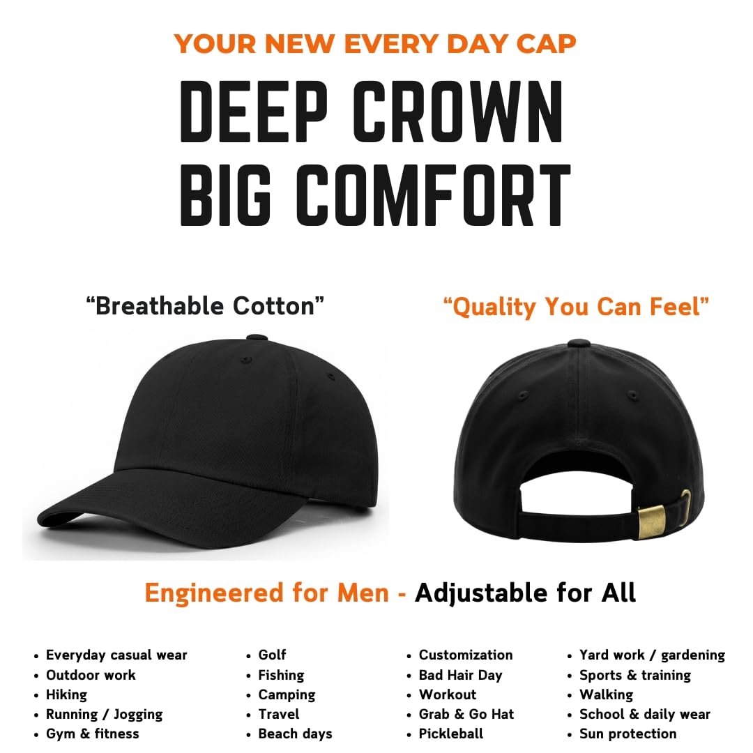 Stitch and Bill Mens Athletic Deep-Crown Baseball Cap 100% Soft Cotton Unstructured Dad Hat Outdoors Adjustable (US, Alpha, One Size, Black Cotton Soft Panel)