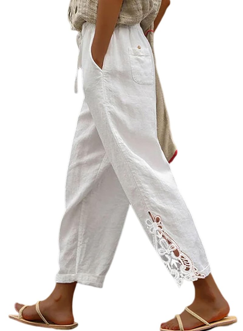 Acelitt Women Casual Linen Pants Lightweight Drawstring Elastic Waist Fall Fashion 2026 Beach Capri Pants Trousers White Large