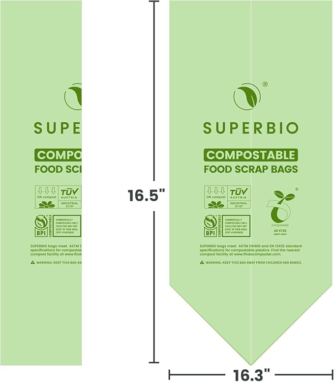 SUPERBIO 2.6 Gallon Flat Top Compostable Food Waste Bags, 2 Pack, Food Scrap