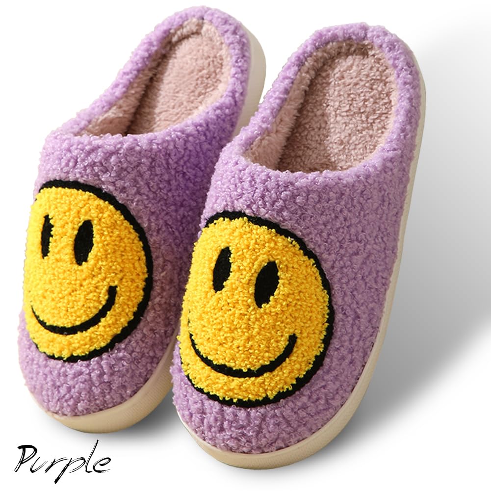 AIMINUO Women's Men's Retro Preppy Happy Face Slippers Comfy Warm Plush Slip-On House Slipper for Winter Indoor Soft Cushion Non-slip Fluffy Slides Slippers Purple 7.5-8.5 Women/7-8 Men