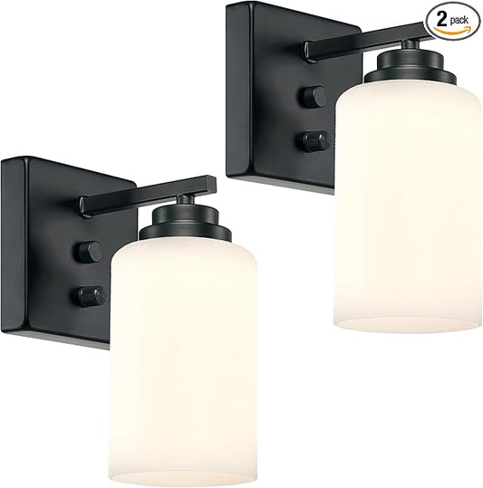 Wall Sconces with Switch Set of Two, Bedside Wall Lamps for Bedroom, Modern Bathroom Light Fixtures with Milk Glass Shade, Black Sconces Wall Lights for Hallway, Living Room, Kitchen