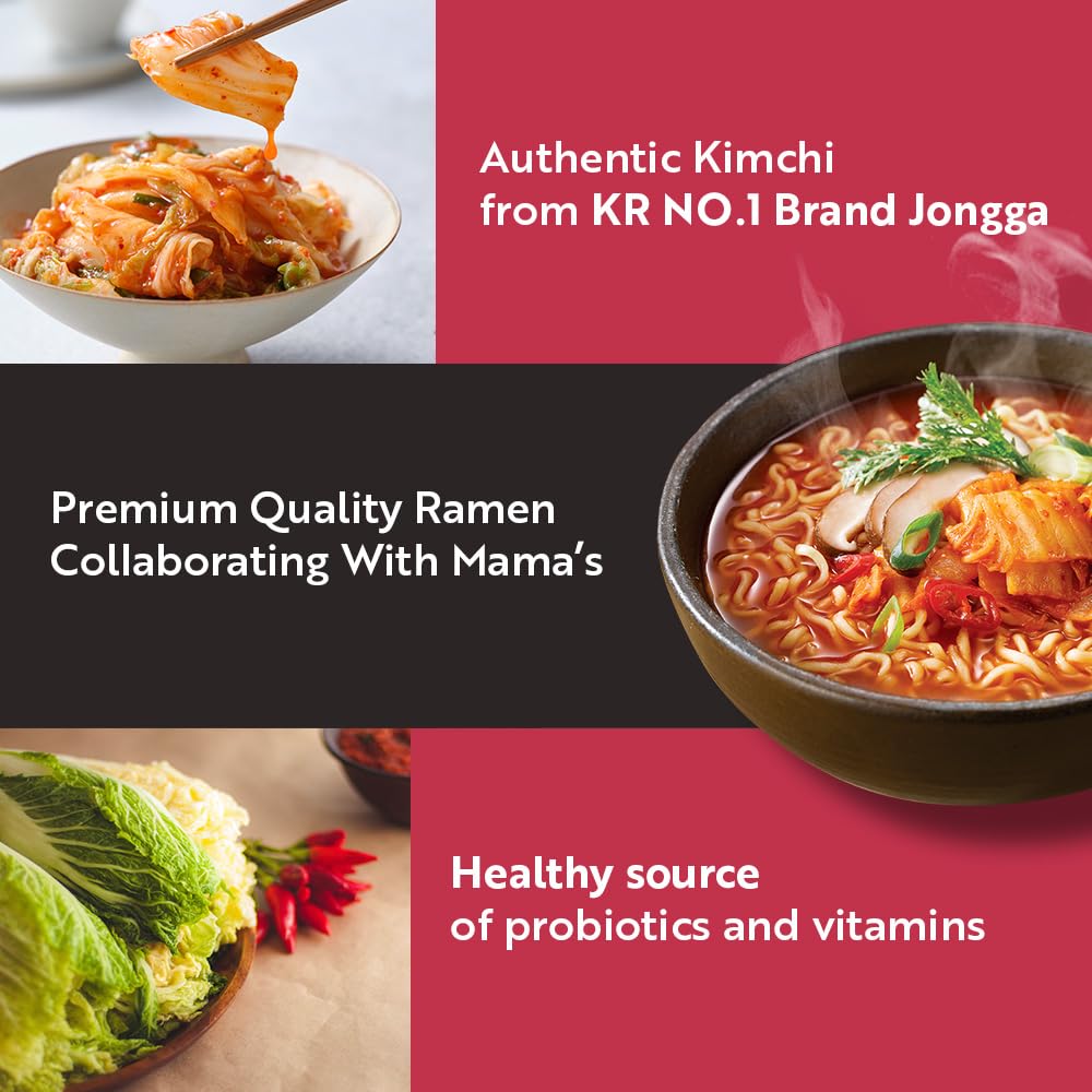 JONGGA Kimchi Ramen with Real Kimchi 4.9 oz Pack of 6, Korean Instant Hot and Spicy Noodle Soup, Authentic Savory Ramen Bowl, Quick and Convenient