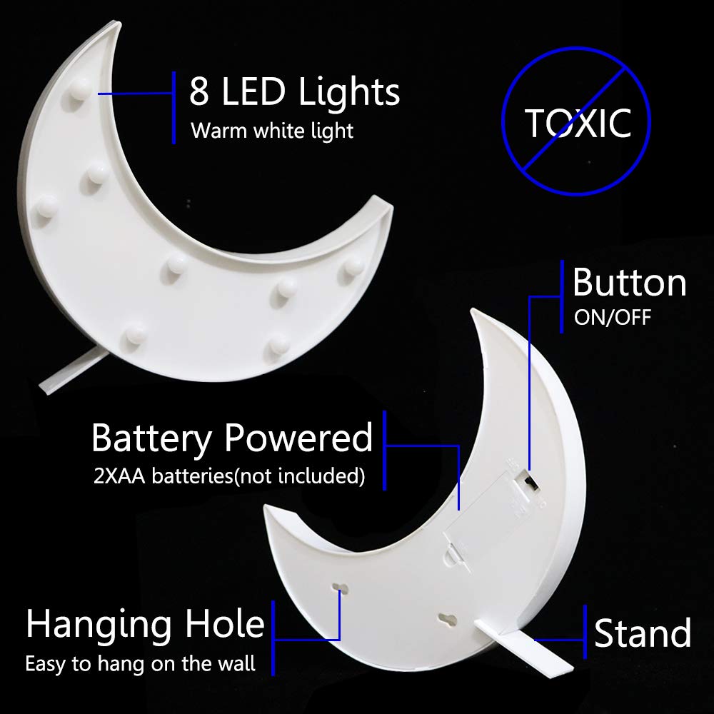 Vicila LED Moon Shaped Marquee Signs, Light Up Night Lights Battery Operated Crescent Moon Lamp for Bedroom, Christmas, Birthday Party Decor - White