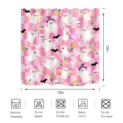 BIYSUC Halloween Ghost Shower Curtain Spooky Cute Funny Pink Checkered Retro Flower Skull Bat Trick or Treat Home Bathroom Decor Waterproof Polyester Fabric 72Lx72W Inch with Plastic Hooks