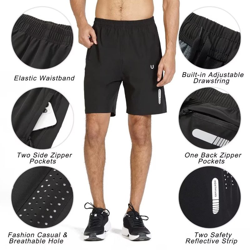 NORTHYARD Men's Athletic Running Shorts Gym Workout 7"/9"/5" Quick Dry Lightweight Sports Basketball Tennis 3 Zipper Pockets Black 4XL