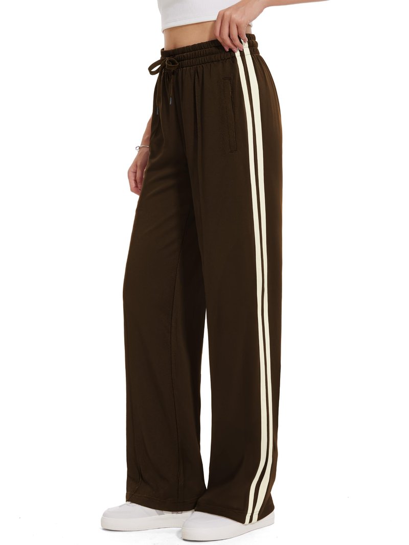 Tapata Long Womens 32" Inseam Track Pants Relaxed Fit Striped Workout Sweatpants Baggy Trousers with Zipper Pockets, Brown, L