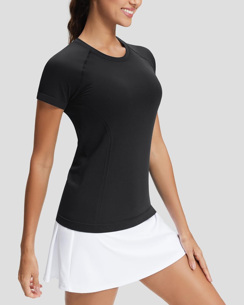 Stelle Women Seamless Workout Shirts Short Sleeve Athletic Top Yoga Gym Running T-Shirts(Black,M)