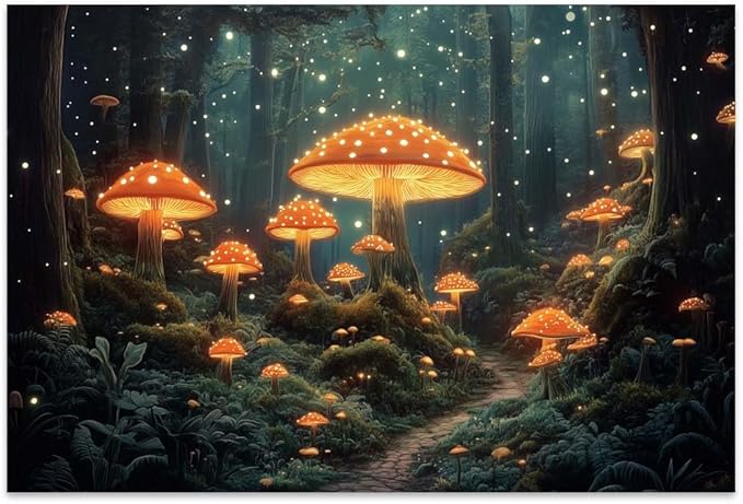 Yesad Mushroom Forest Canvas Wall Art Print, Mushroom Décor Magical Forest Pictures Enchanted Forest Décor Magic Mushrooms Botanical Art Farmhouse Living Room Wall Décor (Unframed,12”x8”,Mushroom)