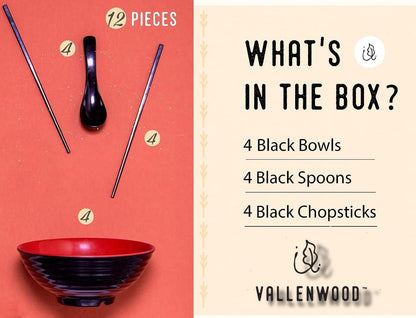 4 Ramen Bowls, 12 pieces Pho set. Red Black Ramen Bowl Set. Unbreakable Melamine. Asian Japanese soup. Spoons And Chopsticks kit. . XL 37 oz. Noodles, Rice, Udon, Thai, Chinese, Korean, Wonton, Miso