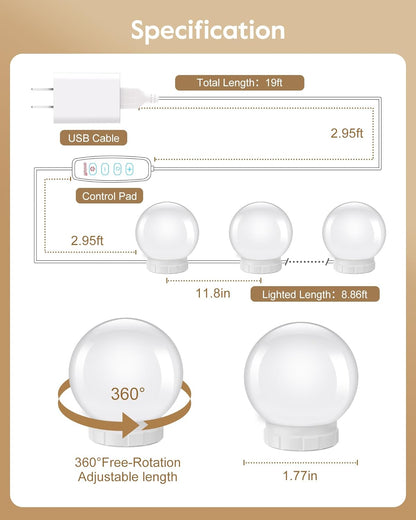Hollywood Style Led Vanity Mirror Lights Kit - Vanity Lights Have 10 Dimmable Light Bulbs for Makeup Dressing Table and Power Supply Plug in Lighting Fixture Strip, White (No Mirror Included)