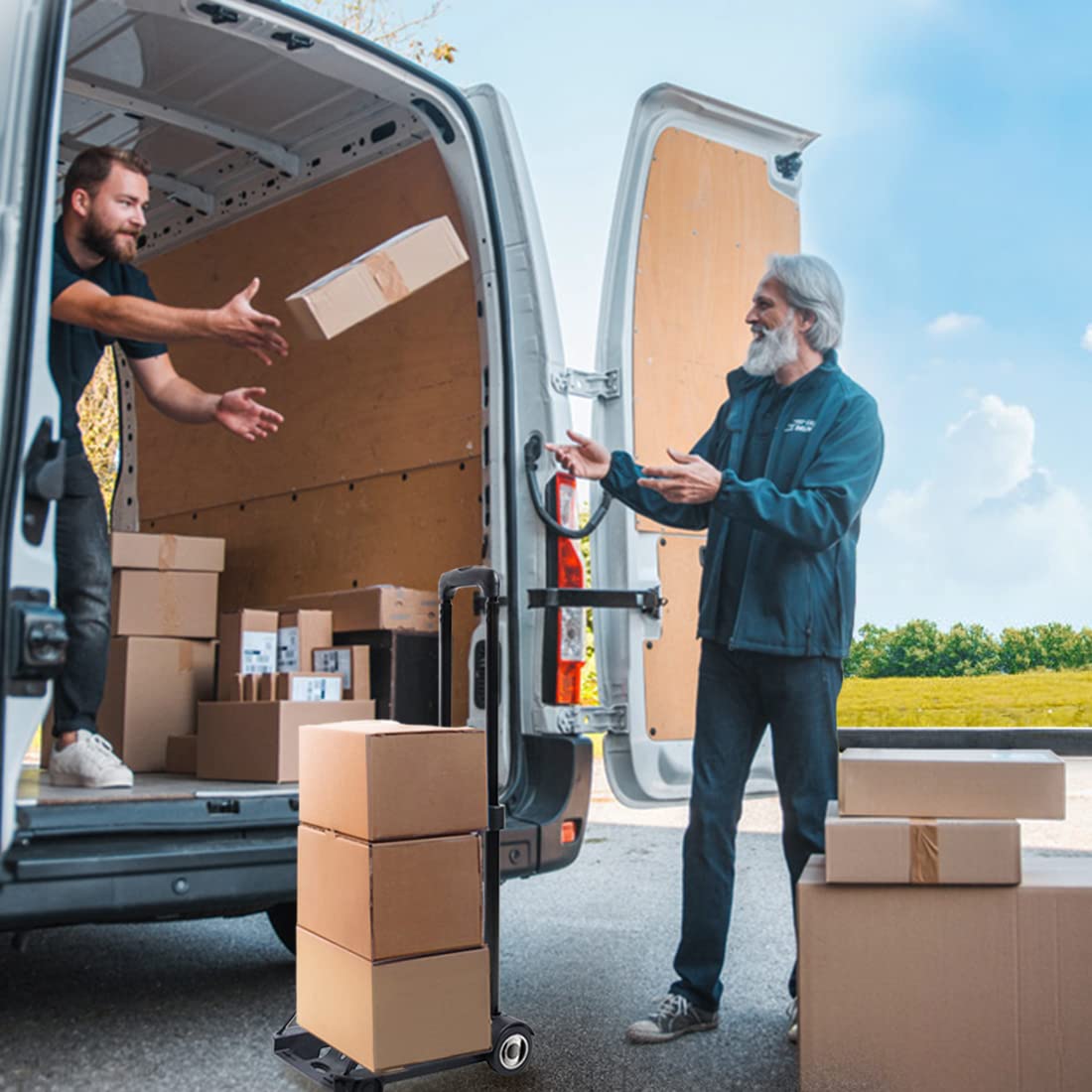 Folding Hand Truck 110lbs, 2+2 Wheel System - 2 Rotating & 2 Stabilizer Wheels Dolly Cart with Elastic Rope & Storage Bag, Adjustable 3-Level Handle for Shopping, Travel, Office, Home Use