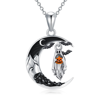 Flpruy Halloween Ghost Necklace 925 Sterling Silver Black Crescent Moon Bat with Pumpkin Pendant Halloween Goth Jewelry Gifts for Women