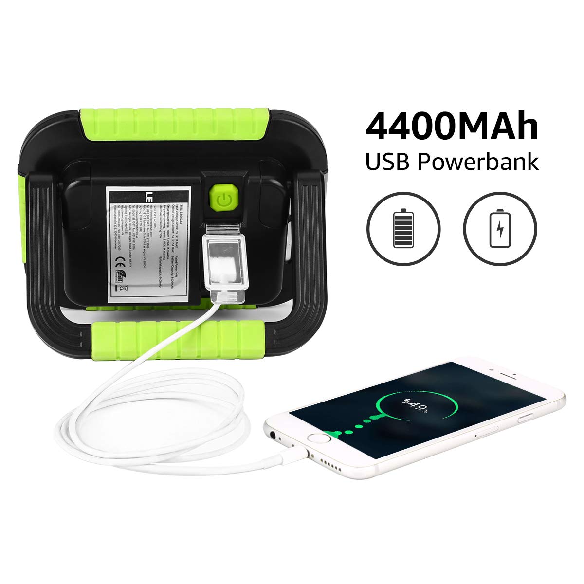 LE Camping Light Rechargeable, 1000 Lumen Portable Work Light Rechargeable, Bright Outdoor Camping Lamp with 4400mAh Power Bank, 3 Modes LED Floodlight for Emergency, Power Cuts, Tents and More