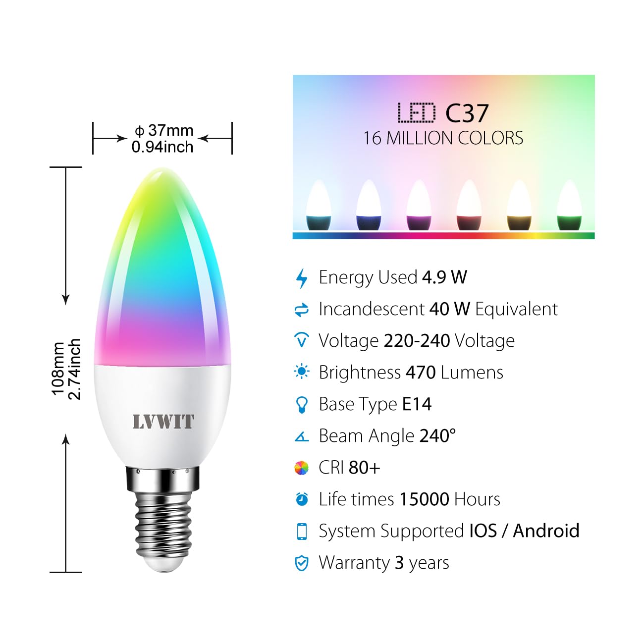 LVWIT E14 Smart Bulb,Alexa Light Bulbs,C37 RGB Smart Candle Bulbs,470Lm,4.9W Replace 40 Watt Screw Smart Bulb Work with Alexa,Echo and Google Assistant,Tuya(Pack of 4)