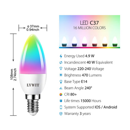 LVWIT E14 Smart Bulb,Alexa Light Bulbs,C37 RGB Smart Candle Bulbs,470Lm,4.9W Replace 40 Watt Screw Smart Bulb Work with Alexa,Echo and Google Assistant,Tuya(Pack of 4)