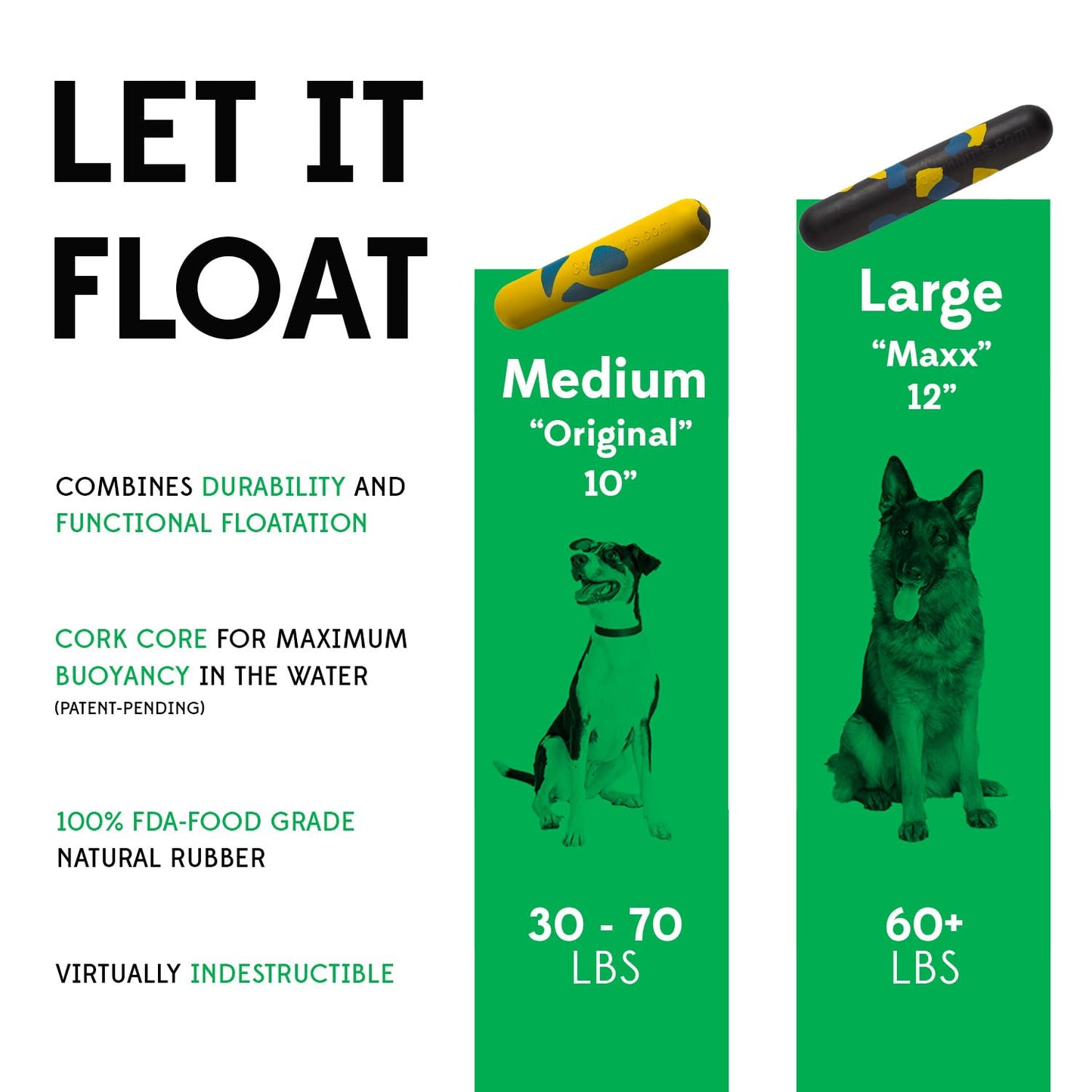 Goughnuts Large Water Stick – Floating Dog Toys for Water Fetch, Interactive Heavy Duty Dog Pool Toy for Aggressive Chewers, Big and Large Dogs 60+ lbs, Natural Reinforced Rubber Float, USA Made
