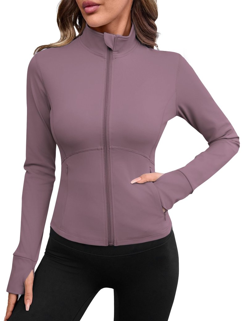 Avoogue Women's Outdoor Fitness Jacket Full Zip Water Resistant Hiking Running Jacket Pink Grey L