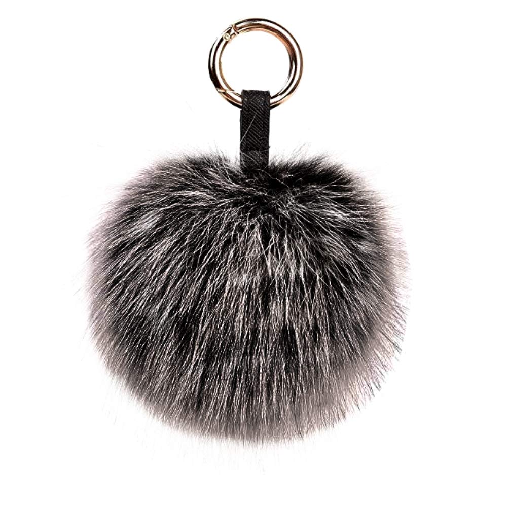Genuine Fox Fur Pom Pom Keychain Bag Charm Car Purse Charm Fluffy Fur Ball for Car Key Ring Handbag Tote Bag Pendant (Snow Black)