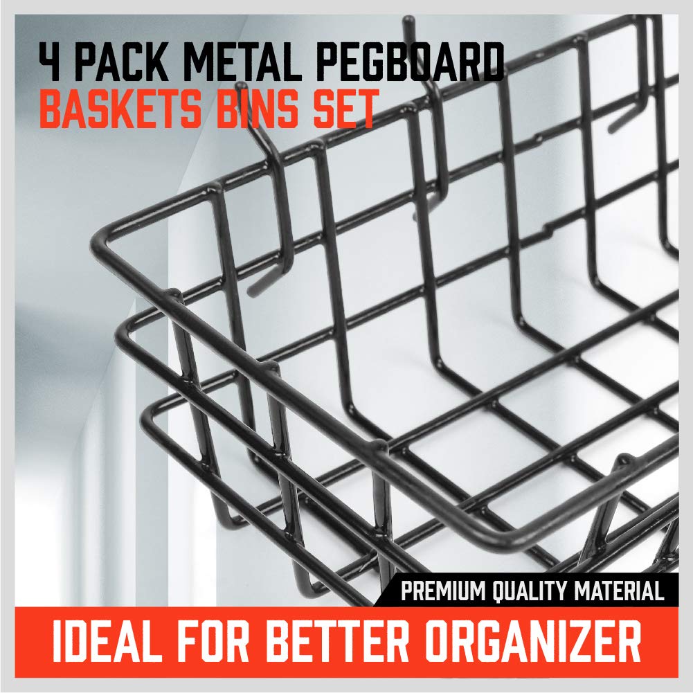 HORUSDY Peg Board Bins and Baskets | 4 Pack | Square Style 4 Size Pegboard Baskets and Pegboard Bins for Organize Workbenches, Accessories