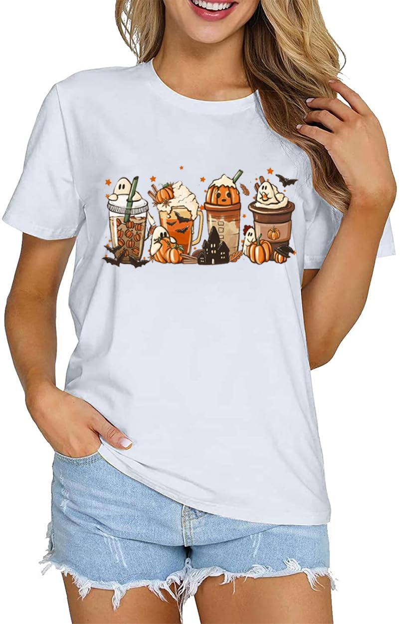 Pumpkin Latte Shirt Women Funny Graphic Fall Coffee Tee Coffee Lover Shirts Gifts Halloween Pumpkin Spice Tops (S, White)