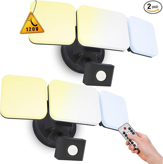 EMANER Motion Sensor Flood Lights Outdoor, Dusk to Dawn Dimmable Security Light, Warm to Daylight White 3000K/5000K/6500K, 28W 120V Remote Wall Light for House Garden Front Door (Black, 2Pack)