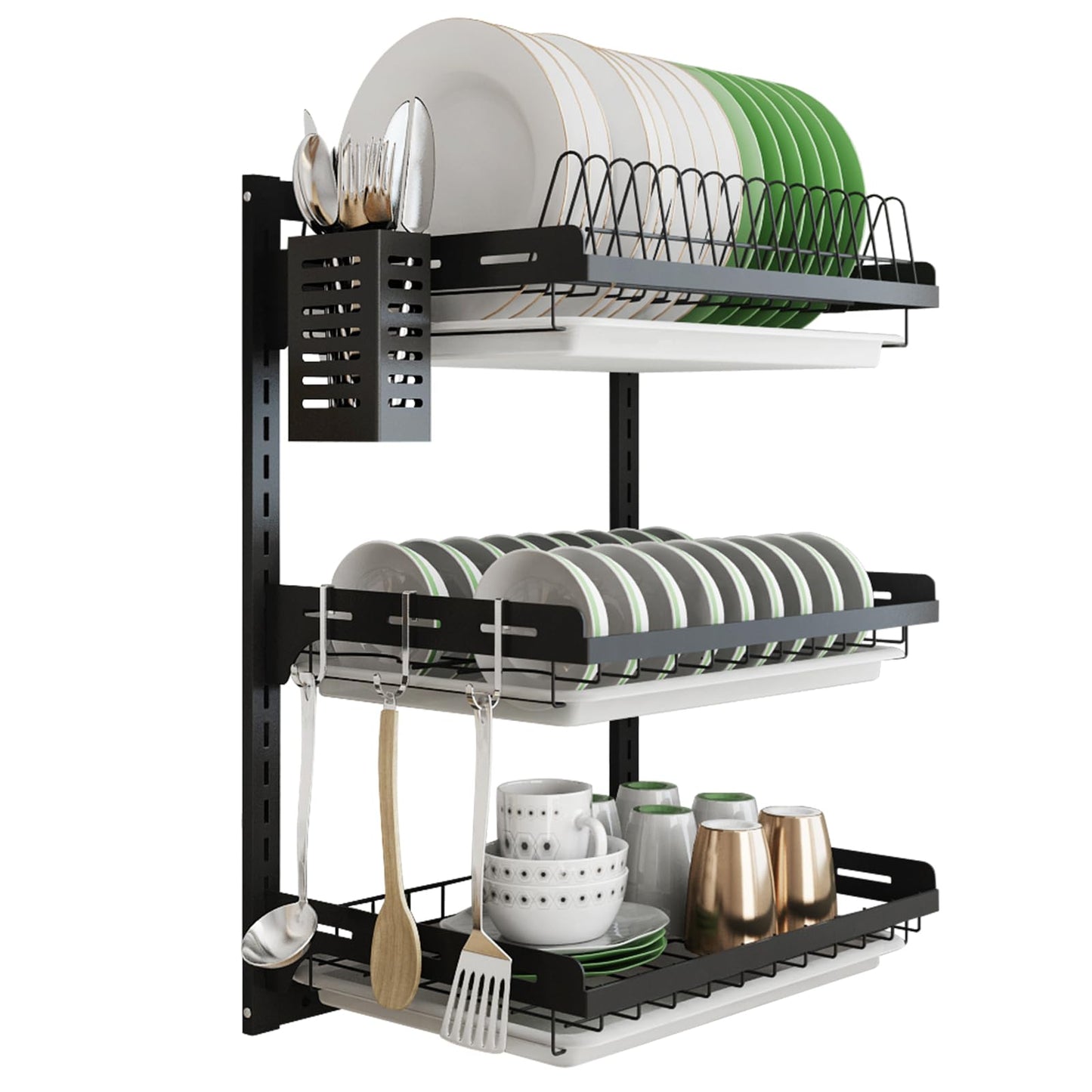 junyuan Hanging Dish Drying Rack Wall Mount,Dish Racks Drainer,3 Tier Kitchen Plate Organizer Storage Shelf with Drain Tray with 3 Hooks,Stainless Steel Black Coating (3 Tier, 21.8)
