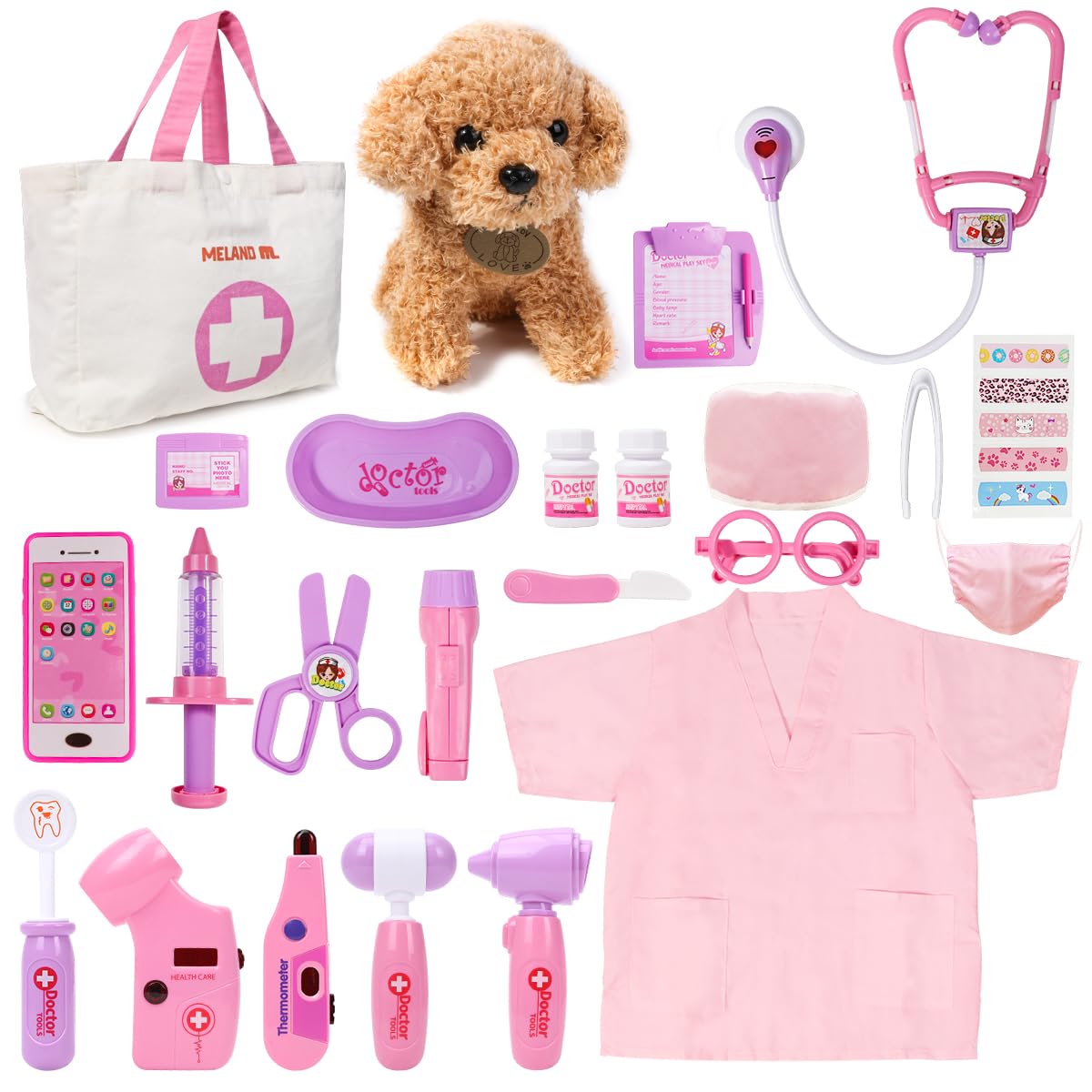 MELAND Doctors Set for Kids - Children Pet Vet Care Play Set with Doctor Costume, Plush Dog, Pretend Role Play Girls Toys for 3 4 5 6 Year Old Toddlers Birthday Presents
