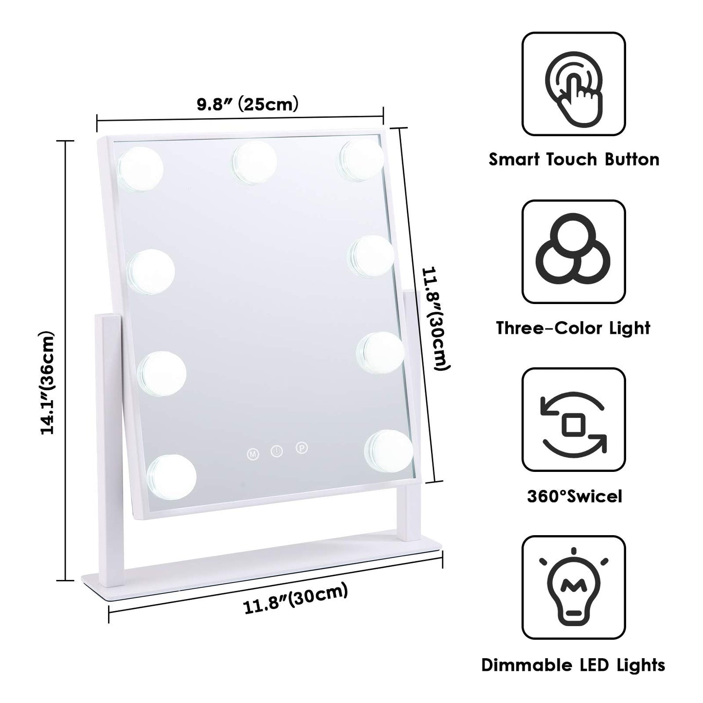 Lighted Makeup Mirror Hollywood Mirror Vanity Mirror with Lights, Touch Control Design 3 Colors Dimable LED Bulbs, Detachable 10X Magnification, 360°Rotation, (White) 12" L x 14" W