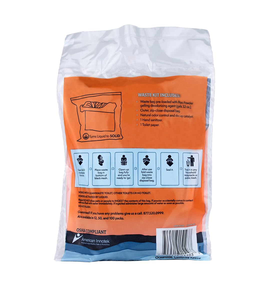 Cleanwaste Original WAG Bag Portable Toilet (12 Pack) - Go Anywhere Kit For Camping, Boating, Travel - NASA Gelling Powder for Poop/Pee