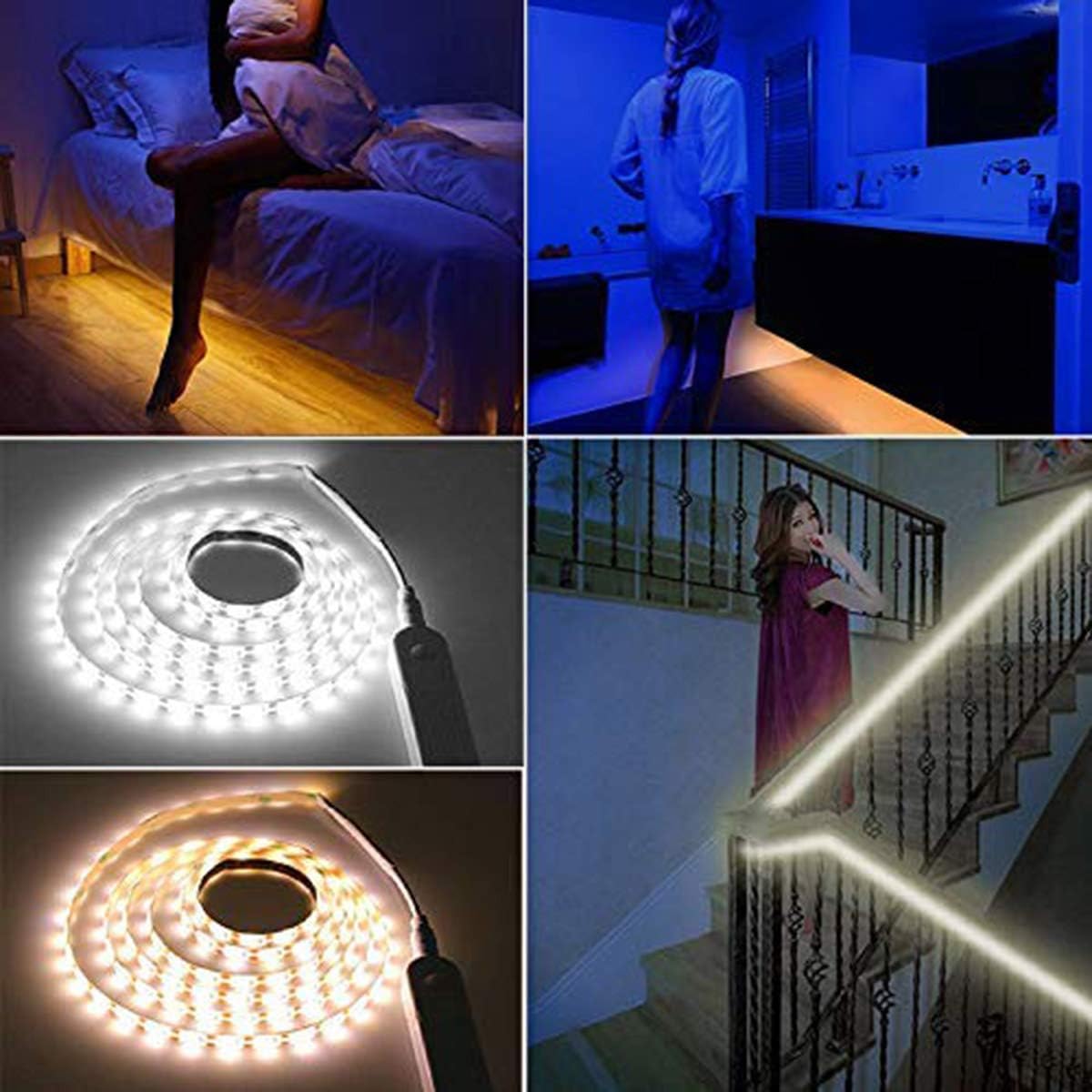 FOLGEMIR 1 m LED Strip with Motion Sensor, Battery Operated Night Light with PIR Sensor, Waterproof Cabinet Lighting, Self-Adhesive Fairy Lights (3000 K Warm White, 1 m)
