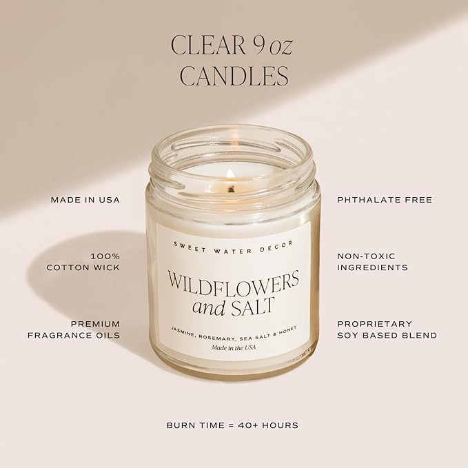 Sweet Water Decor Wildflowers and Salt Soy Candle - Lemon, Rosemary, Leafy Green and Jasmine Spring Candles for Home - 9oz Clear Jar + Gold Lid, 40+ Hour Burn Time, Made in The USA