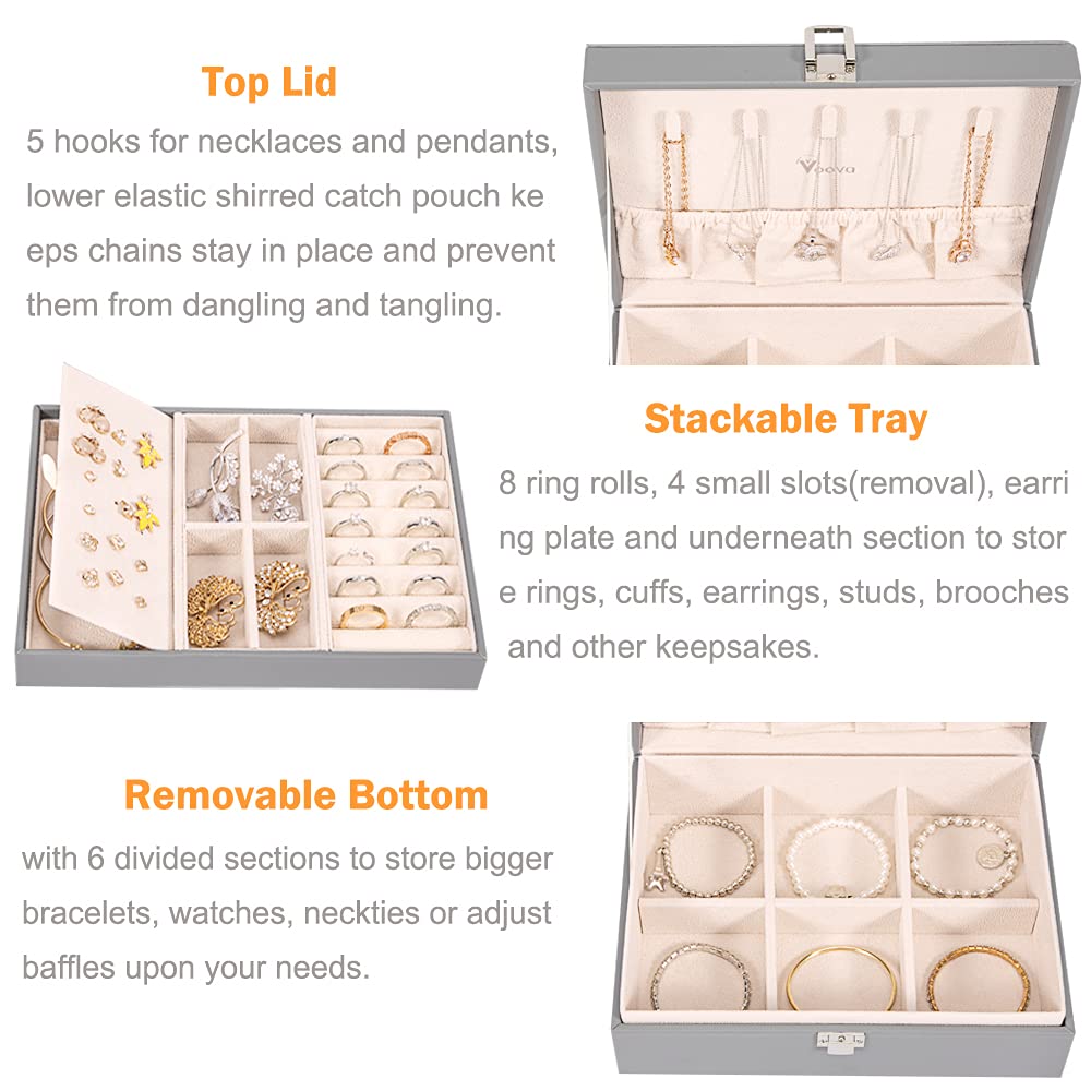 Voova Jewellery Box Organiser for Women Girls, 2 Layers Large Jewelry Storage Case, PU Leather jewlerrying Display Holder with Removable Tray for Necklace Earrings Rings Bracelets, Grey