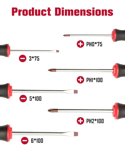 ROTATION 6 Piece Magnetic Tip Screwdriver Set 3 Phillips and 3 Flat Red Tip Red Glossy S2 Steel
