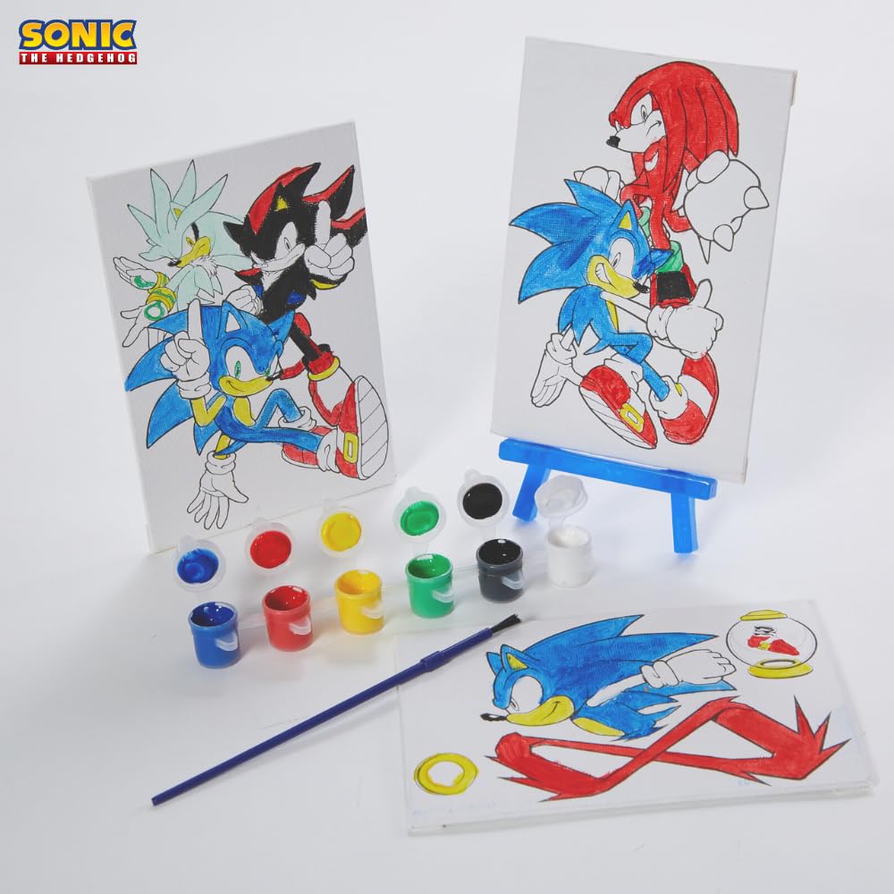 Innovative Designs Sonic The Hedgehog Canvas Paint Set for Kids with 3 Canvases, Acrylic Paint, Paintbrush, & Easel