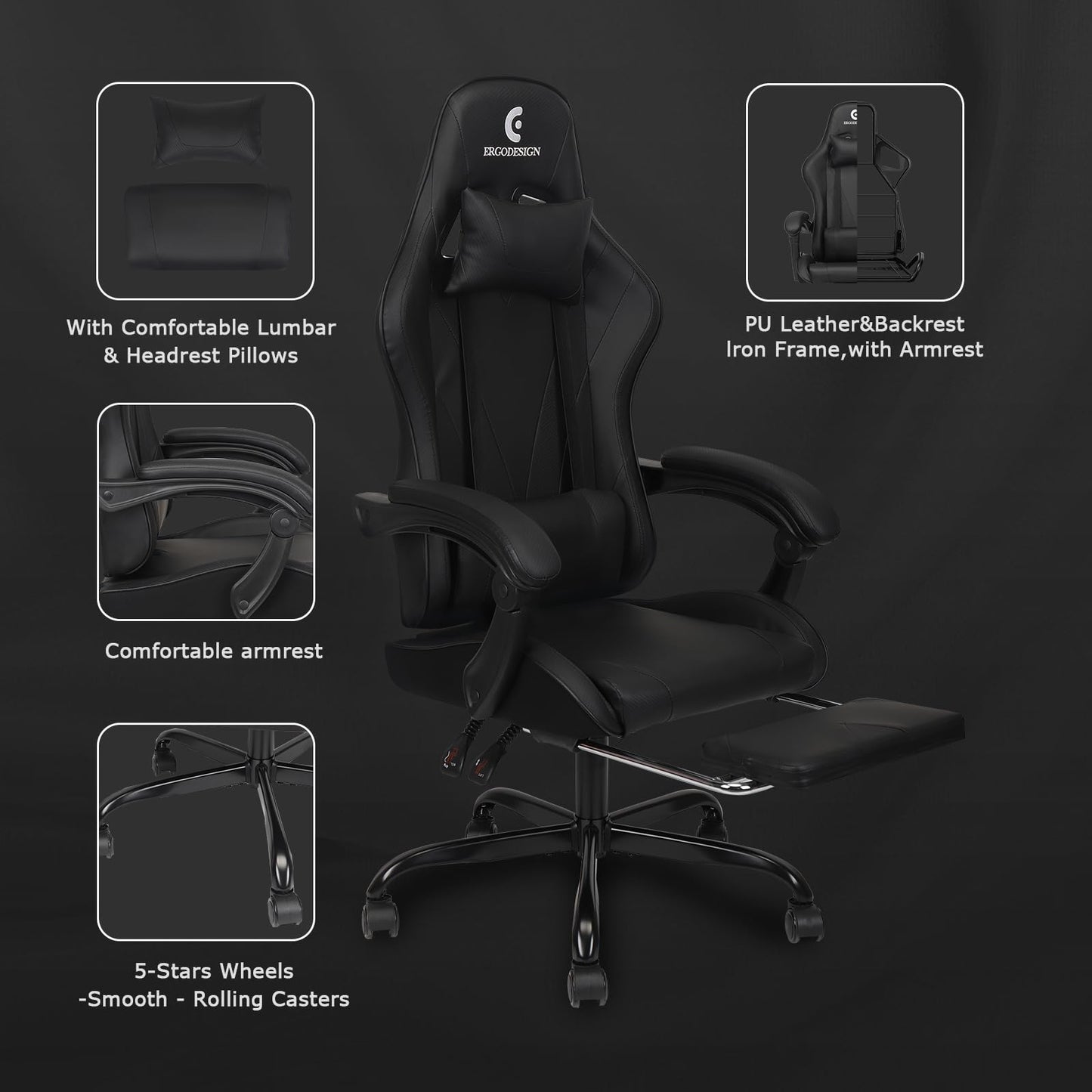 ErgoDesign Gaming Chair with Linkage Armrest & Footrest, High Back Video Gaming Chair, Black