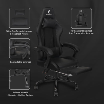 ErgoDesign Gaming Chair with Linkage Armrest & Footrest, High Back Video Gaming Chair, Black