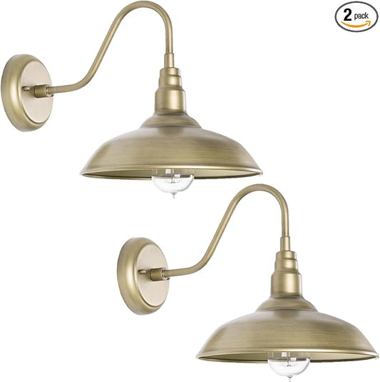 Brass Outdoor Gooseneck Light, 10'' Diameter Gooseneck Barn Wall Sconce for Porch, Exterior Waterproof Farmhouse Light Fixture with Wall Mount, 2 Pack, LM2201-GL-2P