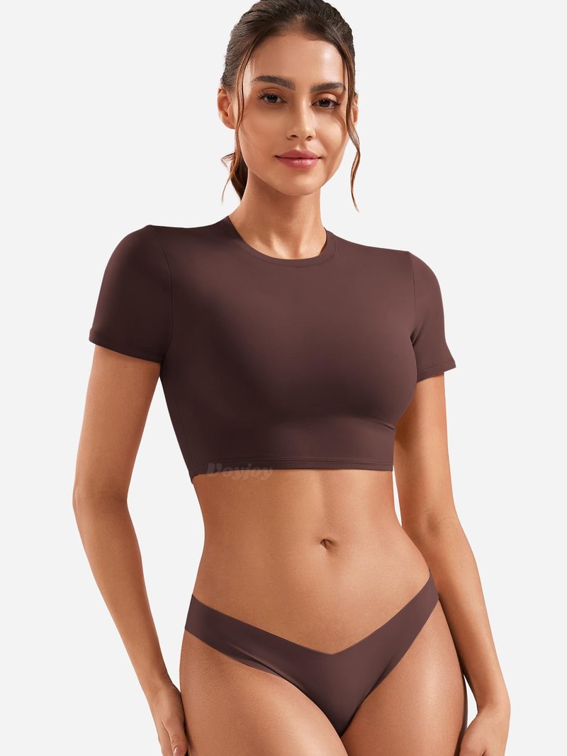 VOYJOY Womens Double Lined Fitted Short Sleeve Crop Tops Crew Neck Casual Workout T Shirts Cute Basic Tee Coffee L
