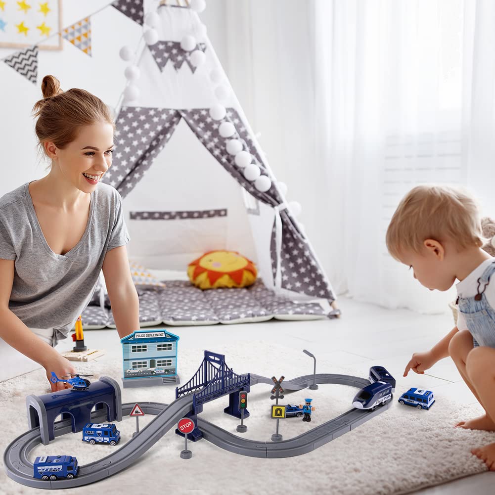 XIAPIA Railway Learning Educational Toys, Train Sets for Kids Boys Girls Age 3 Years Up, 66 Pcs Electric Track Accessories Car Set Christmas Xmas New Year Gifts (blue police)
