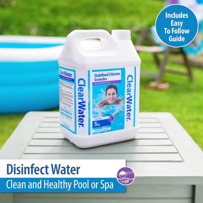 Clearwater Chlorine Granules for Hot Tub Spa and Swimming Pool Water Treatment for Rapid Disinfecting and Cleaning, Jerry Can, 5 kg