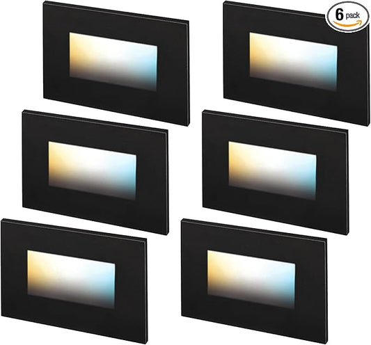 LEONLITE Black 5CCT 120V LED Step Lights, 3.5W 150LM 5%-100% Dimmable Horizontal Stair Lights Indoor Outdoor Wet Location, CRI90+ & ETL, 2700K/3000K/3500K/4000K/5000K, Aluminum, Pack of 6
