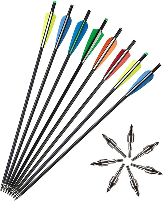 12-Pack Carbon Crossbow Bolts - 20 Inch Hunting Arrows with Removable Tips for Archery