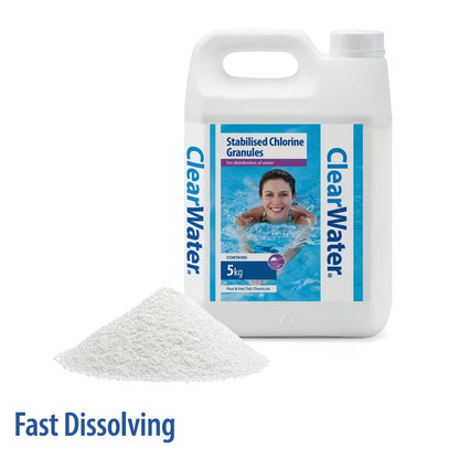 Clearwater Chlorine Granules for Hot Tub Spa and Swimming Pool Water Treatment for Rapid Disinfecting and Cleaning, Jerry Can, 5 kg