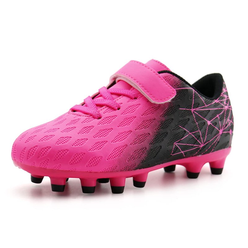 brooman Kids Firm Ground Soccer Cleats Boys Girls Athletic Outdoor Football Shoes(3.5,Fuchsia Black)