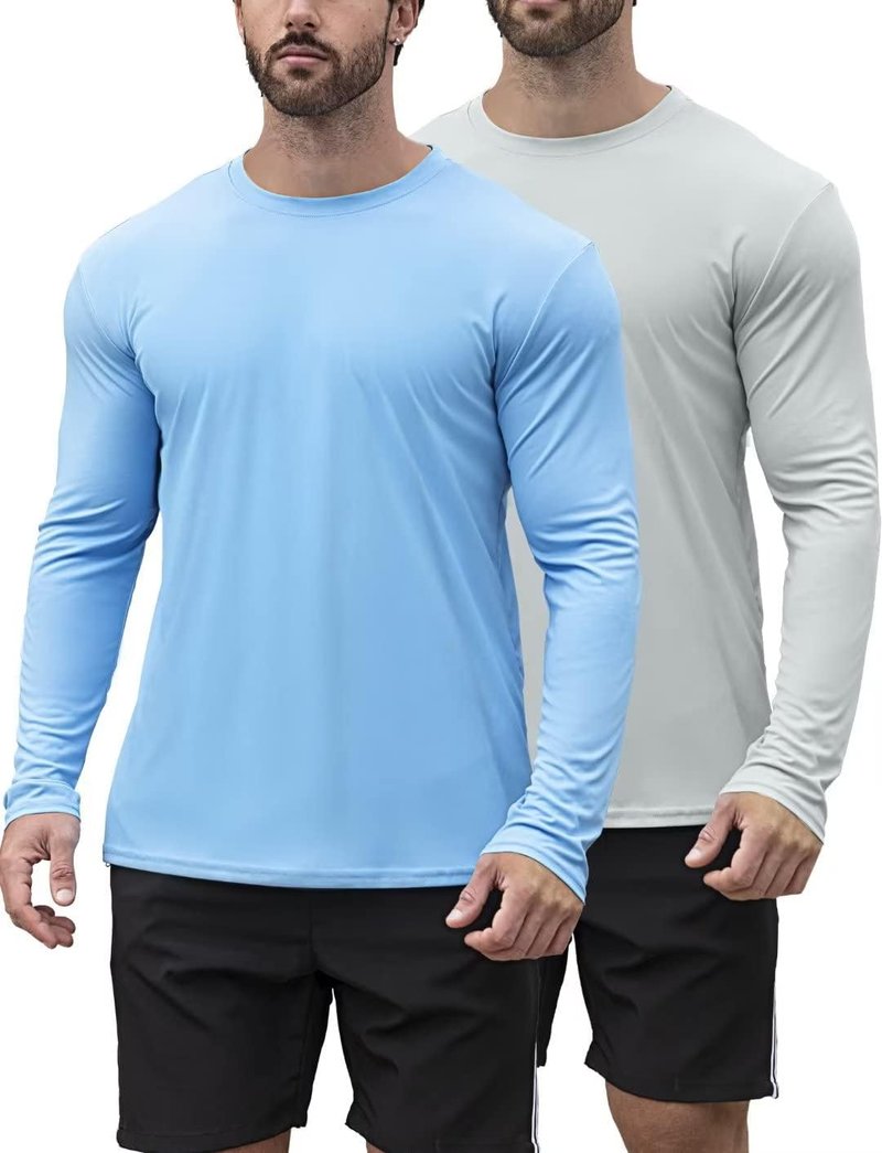 HOPLYNN 2 Pack Men's UPF 50+ Rash Guard and Quick-Dry Long Sleeves Shirts, Swim Surf Fishing Gear UV Sun Protection Shirts for Men Blue Grey Large