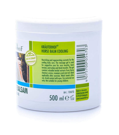 Kräuterhof Horse Balm Cools and Revitalises Precious Herbal Extracts from Horse Chestnut Arnica Rosemary and Mint Oil 500 ml Tub Sealed with Aluminum Foil