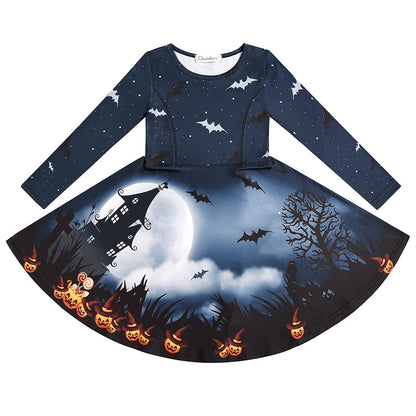 Quedoris Girls Twirly Printed Casual Party Long Sleeve Halloween Dress Bat Night L