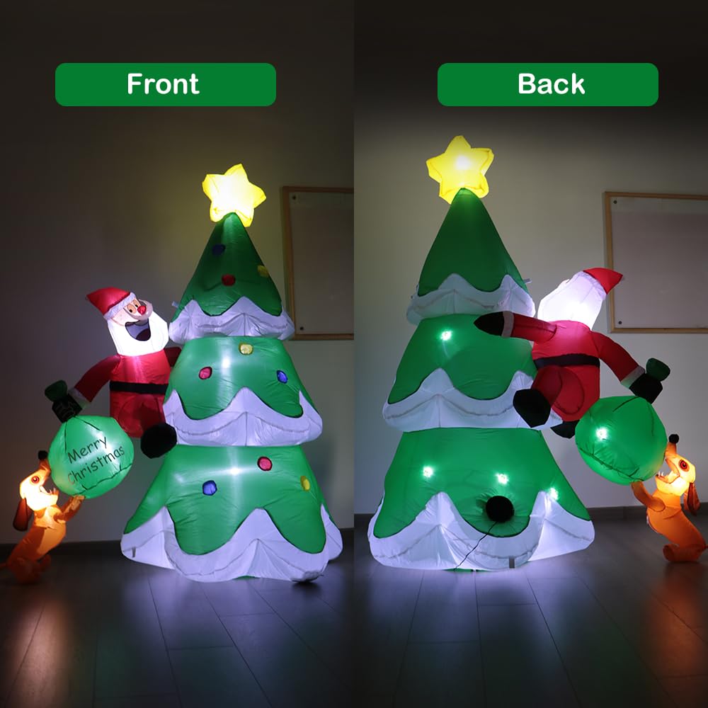 Christmas Inflatable Outdoor Decorations, 6.6FT Christmas Tree,Santa Chased by Dog Inflatable Christmas Blow up Yard Decorations with LED Light Up for Xmas New Year, Winter, Yard Garden Lawn Décor